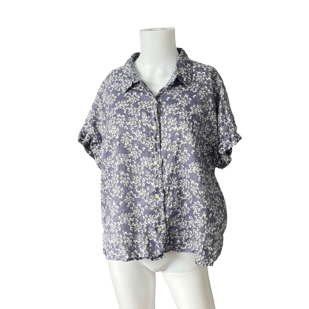 Rachel Zoe Linen Blouse Blue Short Sleeve Button Up Floral Womens Size Medium M